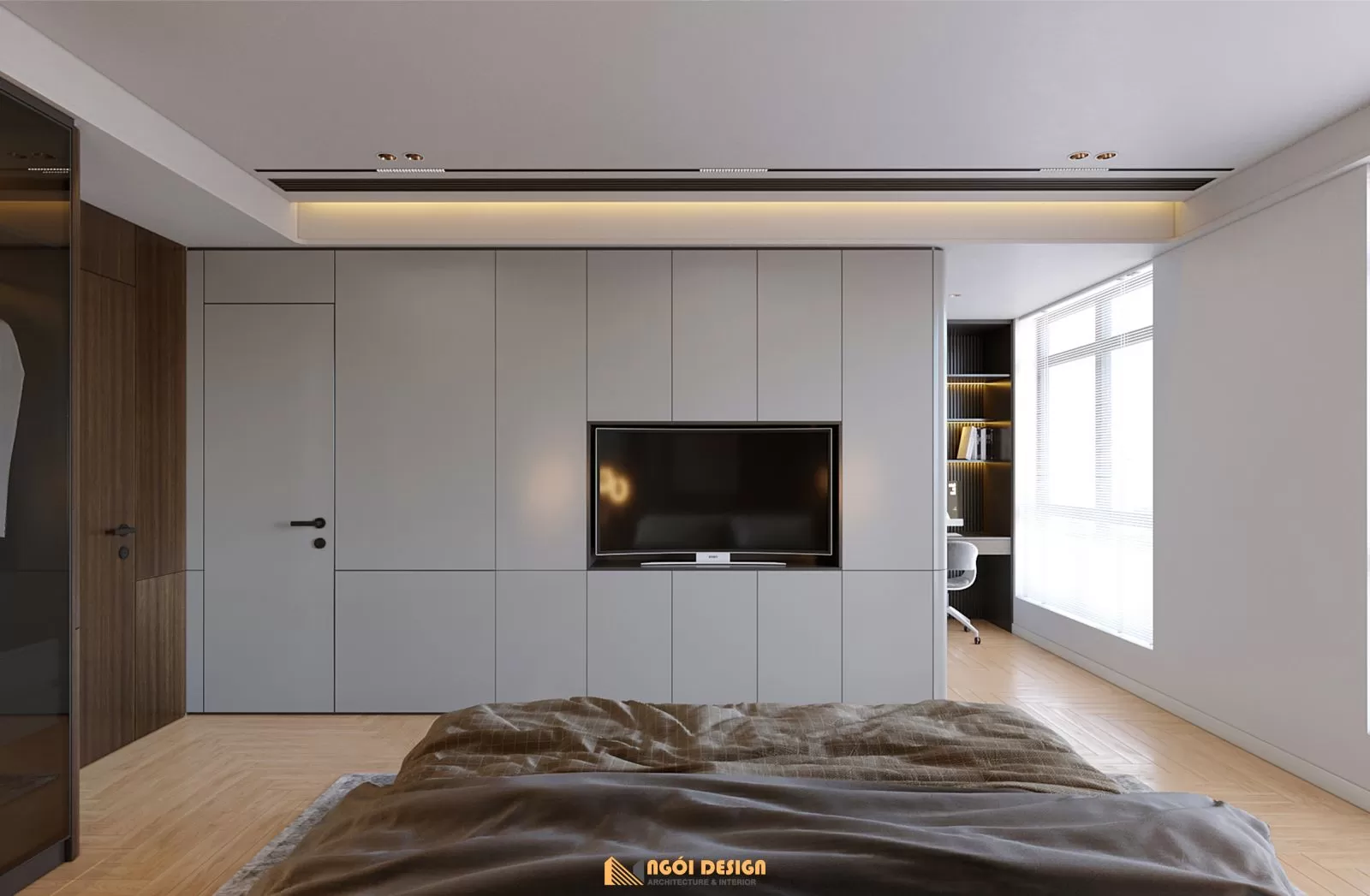 Một chiếc thảm mềm mại, sang trọng có màu sắc trung tính nhẹ nhàng được đặt bên dưới chiếc giường.